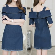 Fulijie Blue Jean Dresses For Women,Women Dresses,Sun Dresses Women On Clearance,Womens Dresses,Fashion Women Denim Loose Off Shoulder Short Sleeve Knee Length Camisole Dress